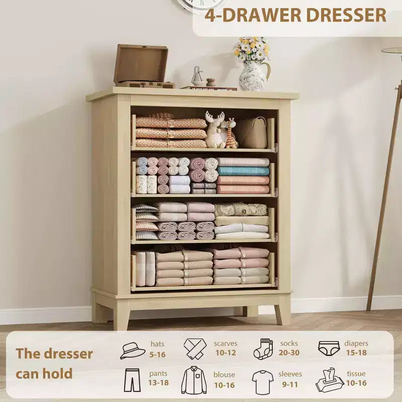 Comò a 4 cassetti per camera da letto, cassettiera alta 88,4 cm con ante, armadio portaoggetti in legno a libera installazione per soggiorno, camera da letto