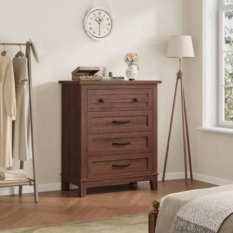 Comò a 4 cassetti per camera da letto, cassettiera alta 88,4 cm con ante, armadio portaoggetti in legno a libera installazione per soggiorno, camera da letto