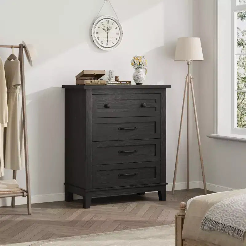 Comò a 4 cassetti per camera da letto, cassettiera alta 88,4 cm con ante, armadio portaoggetti in legno a libera installazione per soggiorno, camera da letto