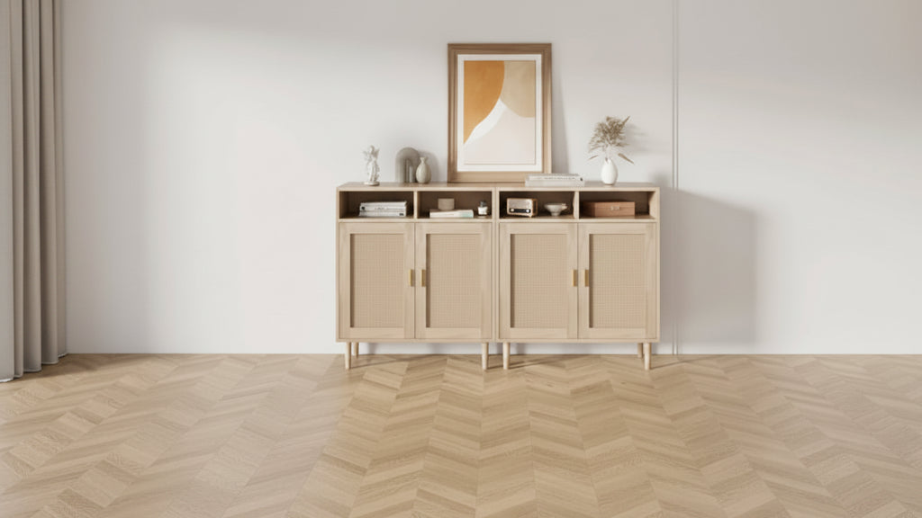 Madia moderna in rattan - Armadietto a due ante con ripiani, 91 cm di altezza, Naturale