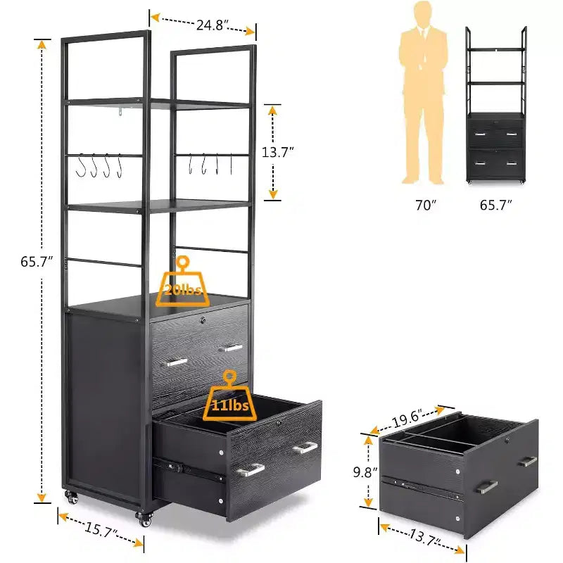 Cassettiera portadocumenti alta a 2 cassetti con serratura per cartelle formato Letter/Legal, schedario mobile in legno con ripiani per ufficio domestico, nero