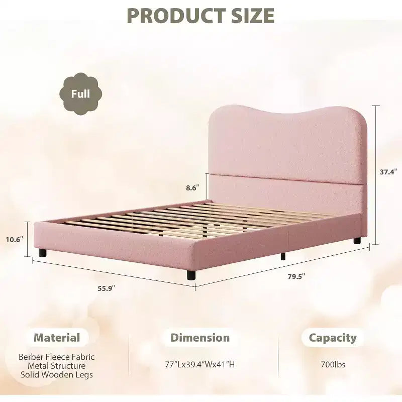 Struttura letto matrimoniale/una piazza e mezza/queen size con testiera imbottita in Boucle effetto nuvola, piattaforma a basso profilo, robuste doghe in legno, silenziosa, non richiede rete a molle