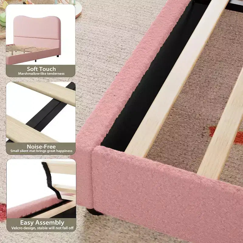 Struttura letto matrimoniale/una piazza e mezza/queen size con testiera imbottita in Boucle effetto nuvola, piattaforma a basso profilo, robuste doghe in legno, silenziosa, non richiede rete a molle