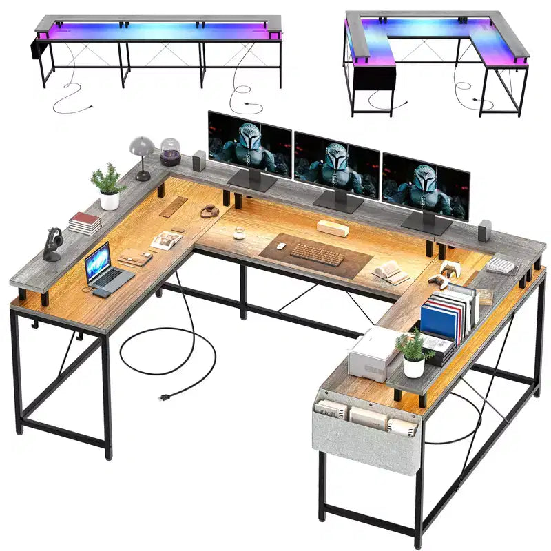 Scrivania da gioco a forma di U, scrivania a L reversibile con supporto per monitor, grande scrivania angolare con mensole portaoggetti
