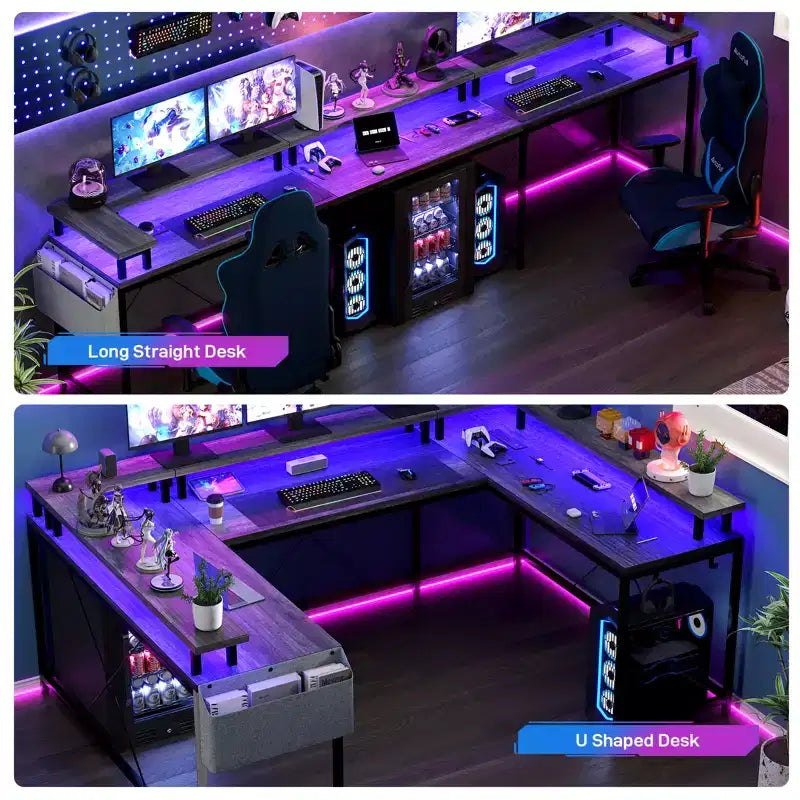 Scrivania da gioco a forma di U, scrivania a L reversibile con supporto per monitor, grande scrivania angolare con mensole portaoggetti