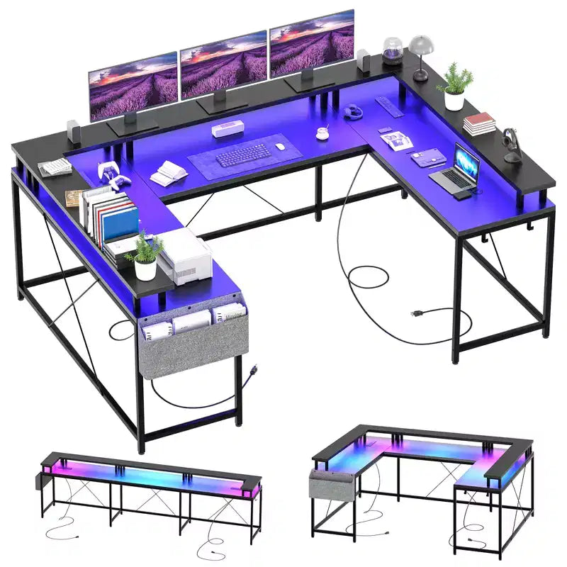 Scrivania da gioco a forma di U, scrivania a L reversibile con supporto per monitor, grande scrivania angolare con mensole portaoggetti