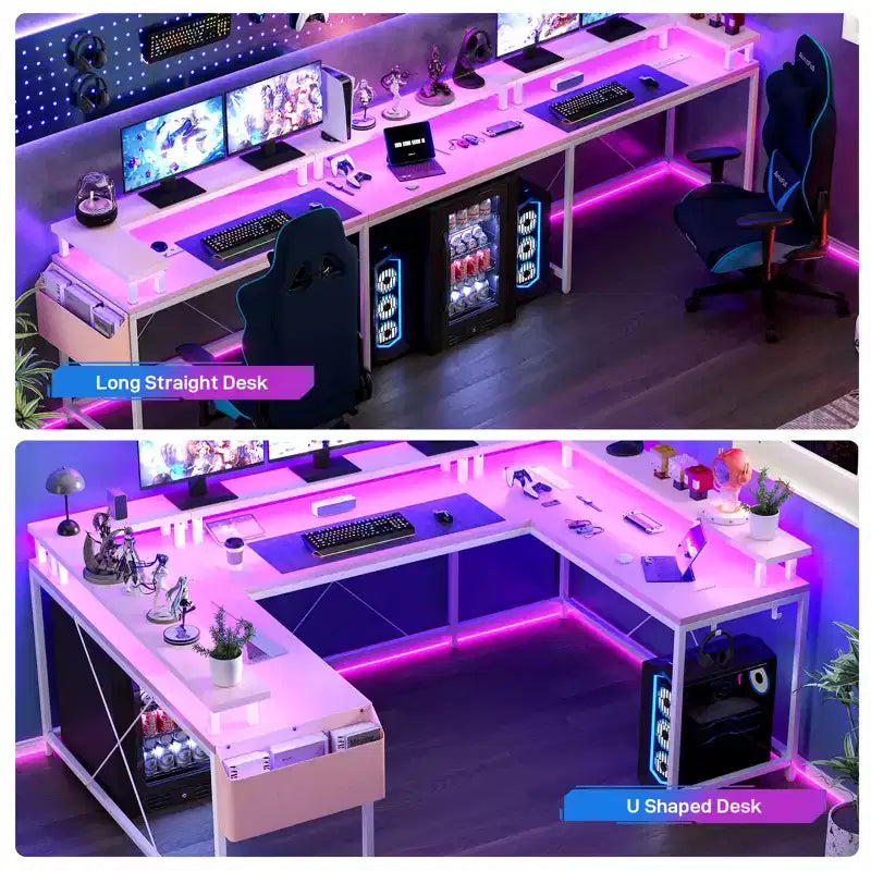 Scrivania da gioco a forma di U, scrivania a L reversibile con supporto per monitor, grande scrivania angolare con mensole portaoggetti