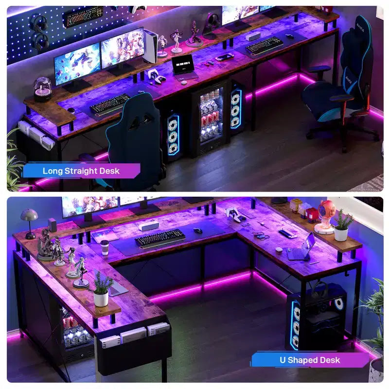 Scrivania da gioco a forma di U, scrivania a L reversibile con supporto per monitor, grande scrivania angolare con mensole portaoggetti