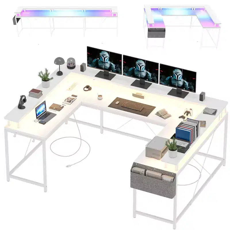 Scrivania da gioco a forma di U, scrivania a L reversibile con supporto per monitor, grande scrivania angolare con mensole portaoggetti