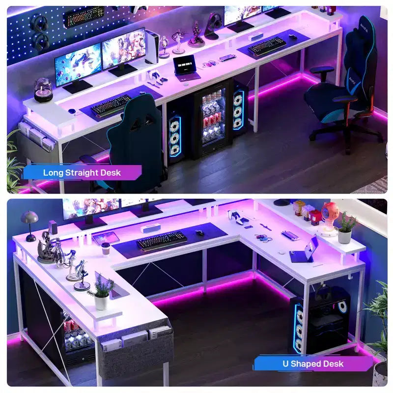 Scrivania da gioco a forma di U, scrivania a L reversibile con supporto per monitor, grande scrivania angolare con mensole portaoggetti