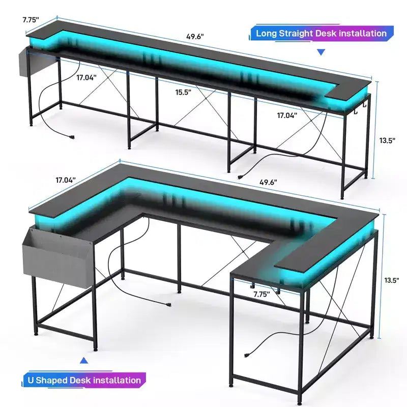 Scrivania da gioco a forma di U, scrivania a L reversibile con supporto per monitor, grande scrivania angolare con mensole portaoggetti
