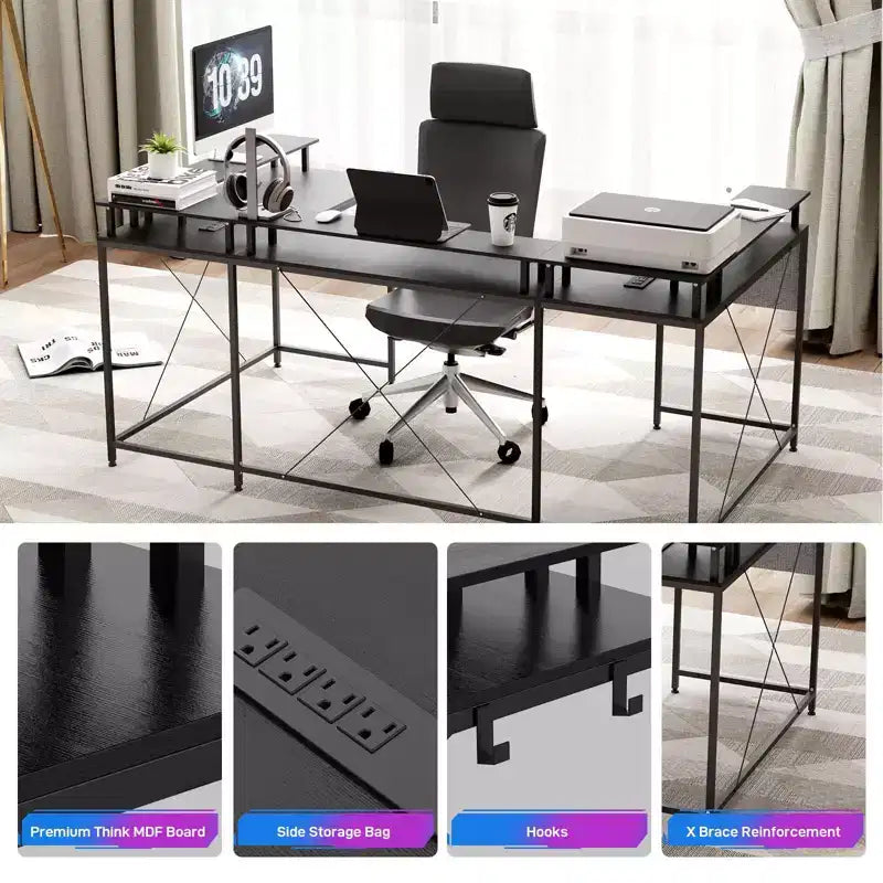 Scrivania da gioco a forma di U, scrivania a L reversibile con supporto per monitor, grande scrivania angolare con mensole portaoggetti
