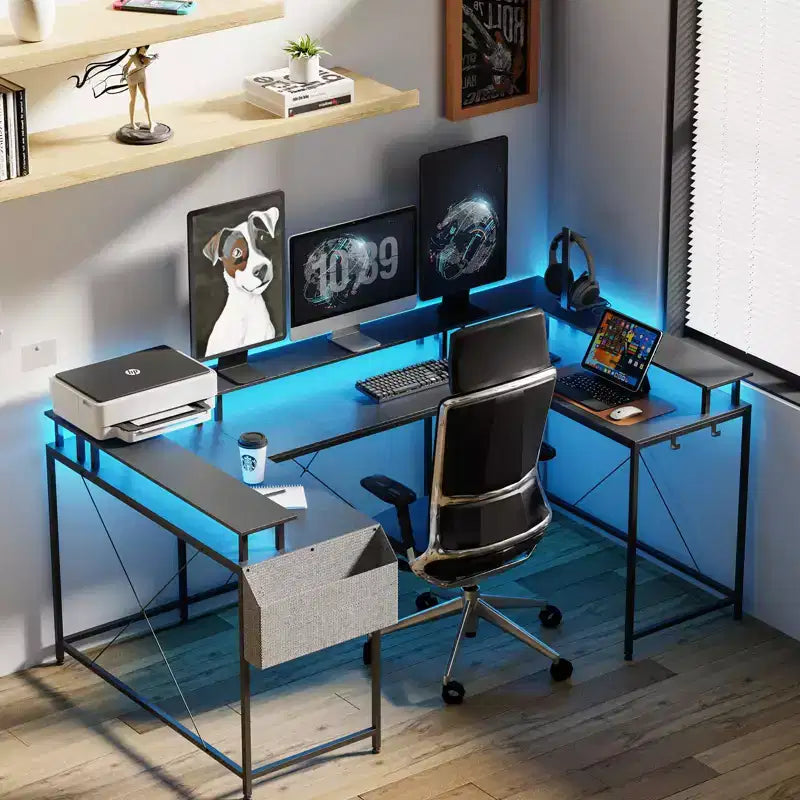 Scrivania da gioco a forma di U, scrivania a L reversibile con supporto per monitor, grande scrivania angolare con mensole portaoggetti