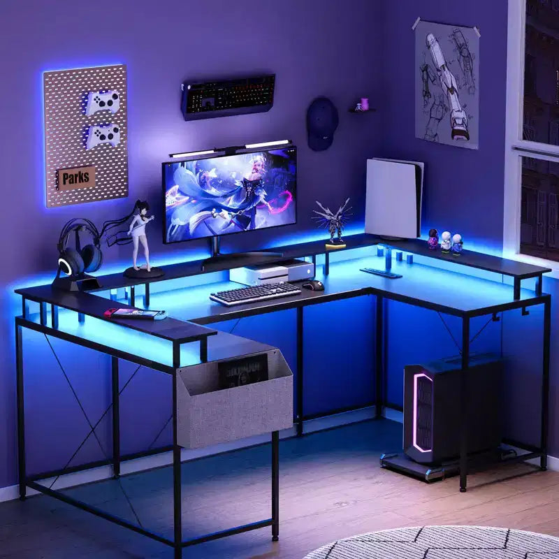 Scrivania da gioco a forma di U, scrivania a L reversibile con supporto per monitor, grande scrivania angolare con mensole portaoggetti