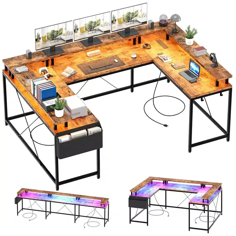 Scrivania da gioco a forma di U, scrivania a L reversibile con supporto per monitor, grande scrivania angolare con mensole portaoggetti
