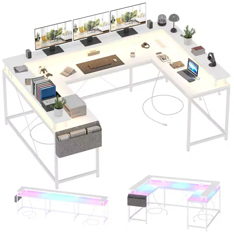 Scrivania da gioco a forma di U, scrivania a L reversibile con supporto per monitor, grande scrivania angolare con mensole portaoggetti