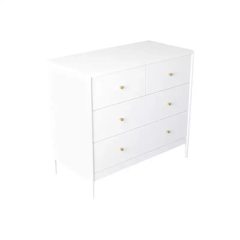 Armadio bianco a quattro cassetti per bambini, un mobile contenitore in legno adatto per camerette, asili nido e ripostigli.