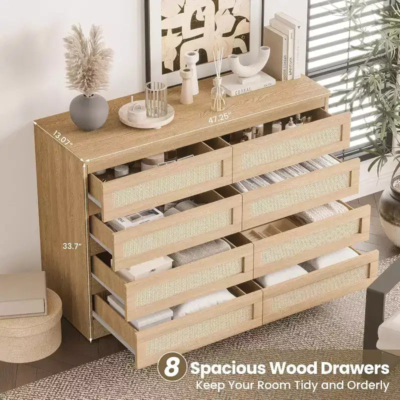 Comò a 8 cassetti, comò doppio in rattan moderno, cassettiera in legno per camera da letto, mobile porta TV, mobile d'accento