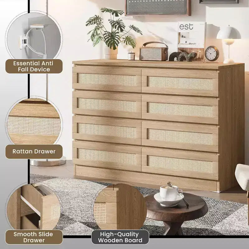 Comò a 8 cassetti, comò doppio in rattan moderno, cassettiera in legno per camera da letto, mobile porta TV, mobile d'accento
