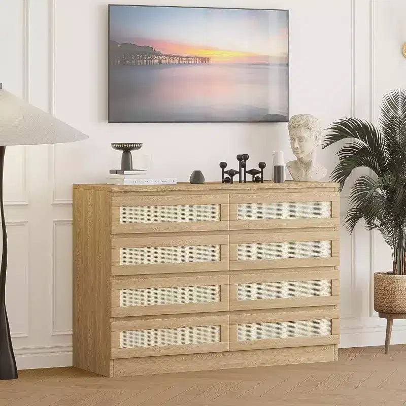 Comò a 8 cassetti, comò doppio in rattan moderno, cassettiera in legno per camera da letto, mobile porta TV, mobile d'accento