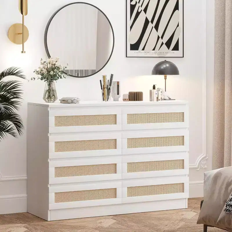 Comò a 8 cassetti, comò doppio in rattan moderno, cassettiera in legno per camera da letto, mobile porta TV, mobile d'accento