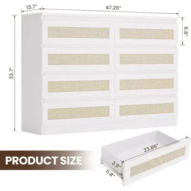 Comò a 8 cassetti, comò doppio in rattan moderno, cassettiera in legno per camera da letto, mobile porta TV, mobile d'accento