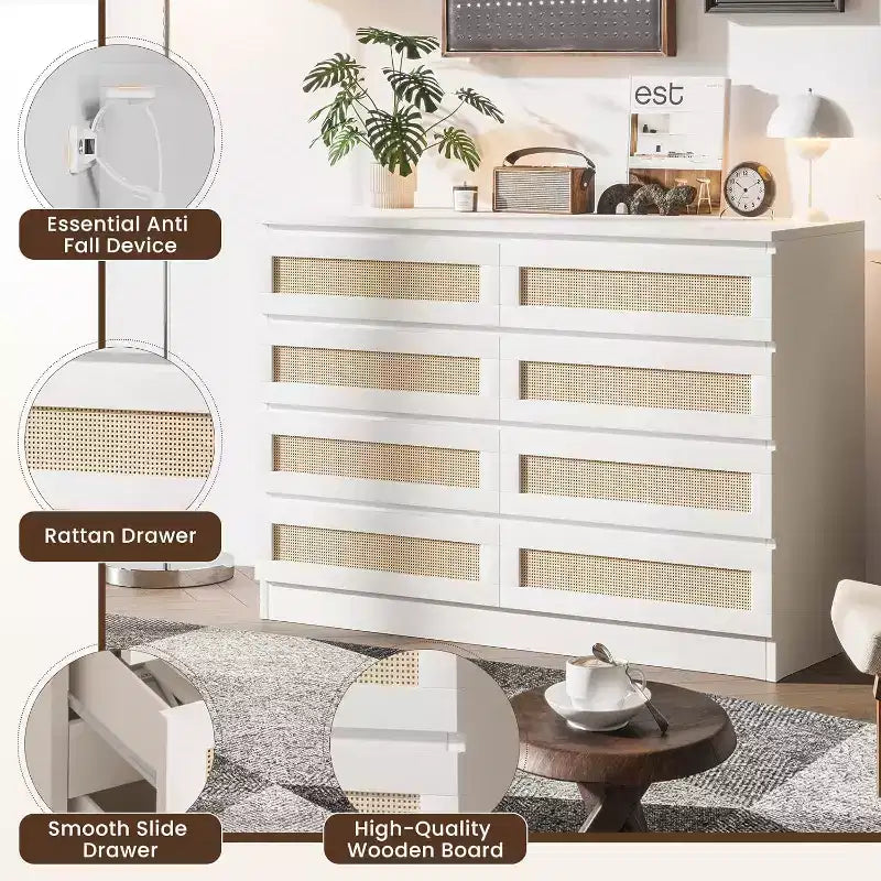 Comò a 8 cassetti, comò doppio in rattan moderno, cassettiera in legno per camera da letto, mobile porta TV, mobile d'accento