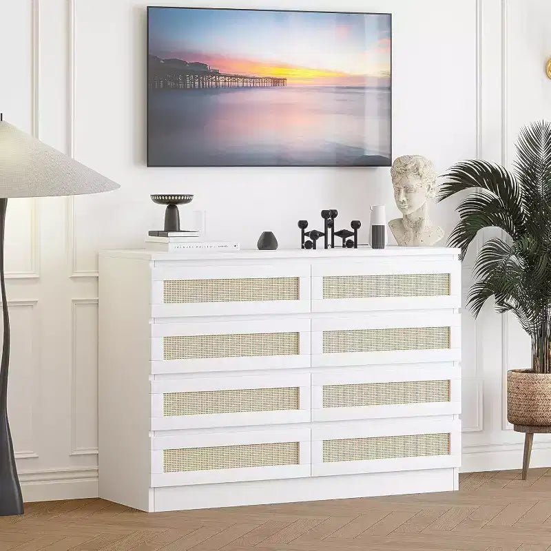 Comò a 8 cassetti, comò doppio in rattan moderno, cassettiera in legno per camera da letto, mobile porta TV, mobile d'accento