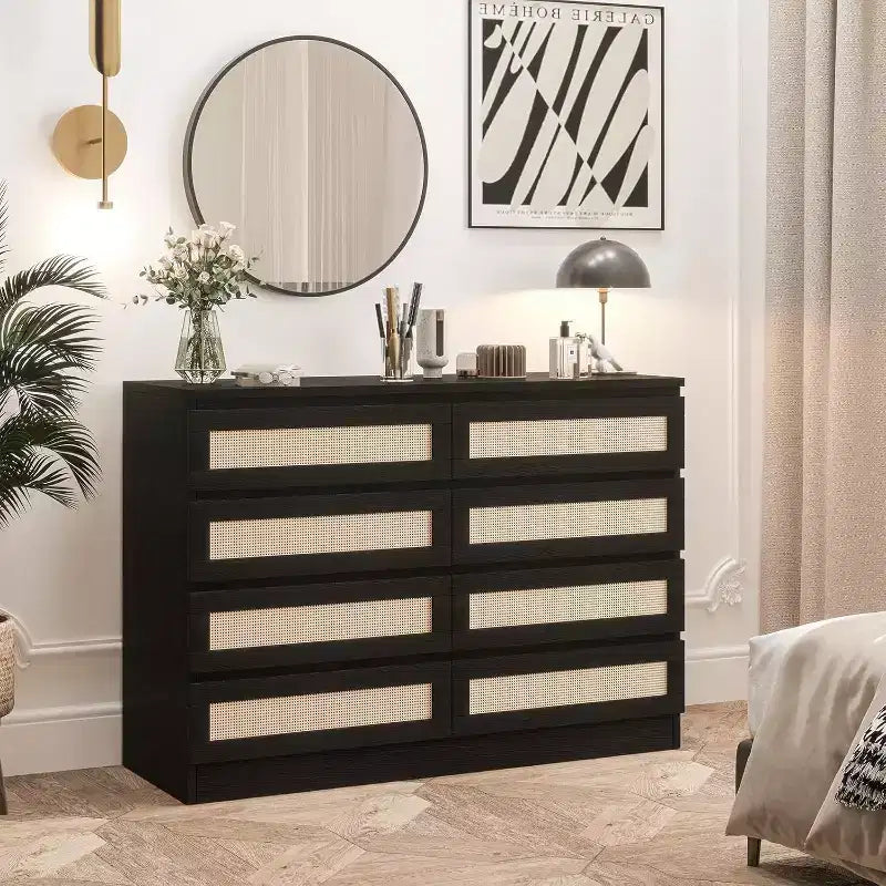Comò a 8 cassetti, comò doppio in rattan moderno, cassettiera in legno per camera da letto, mobile porta TV, mobile d'accento