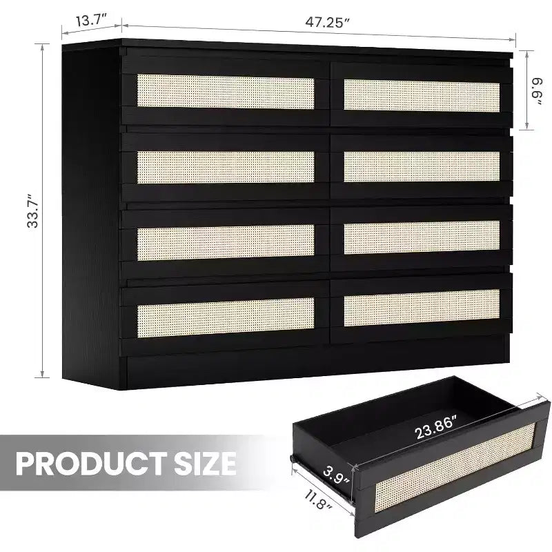 Comò a 8 cassetti, comò doppio in rattan moderno, cassettiera in legno per camera da letto, mobile porta TV, mobile d'accento