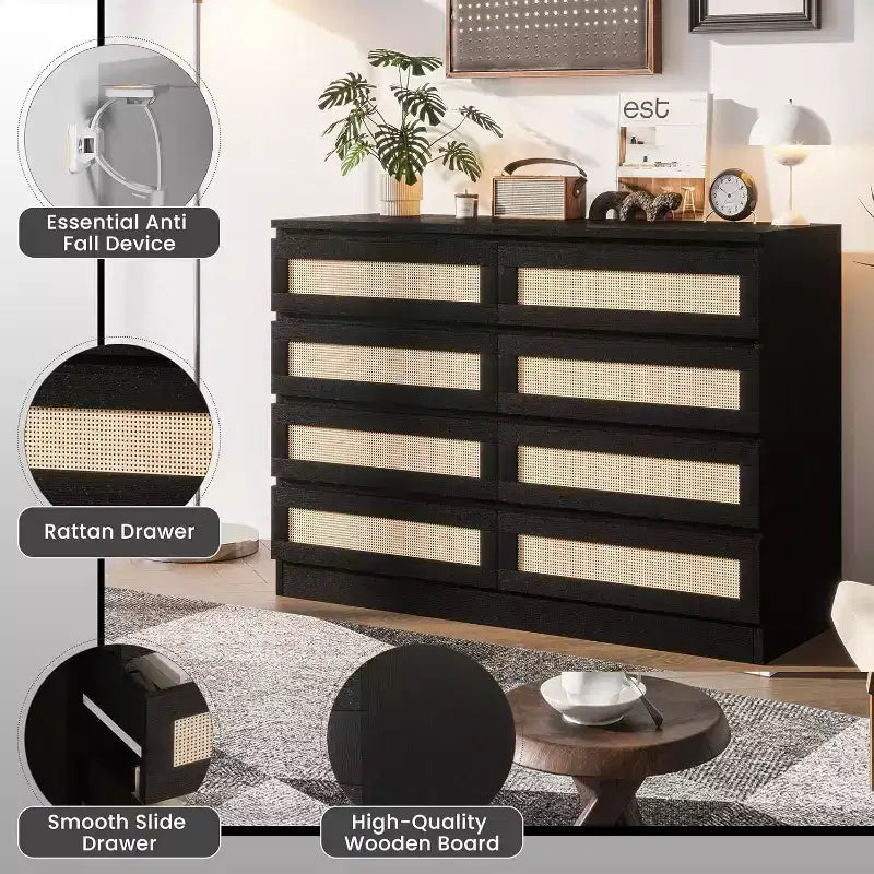 Comò a 8 cassetti, comò doppio in rattan moderno, cassettiera in legno per camera da letto, mobile porta TV, mobile d'accento