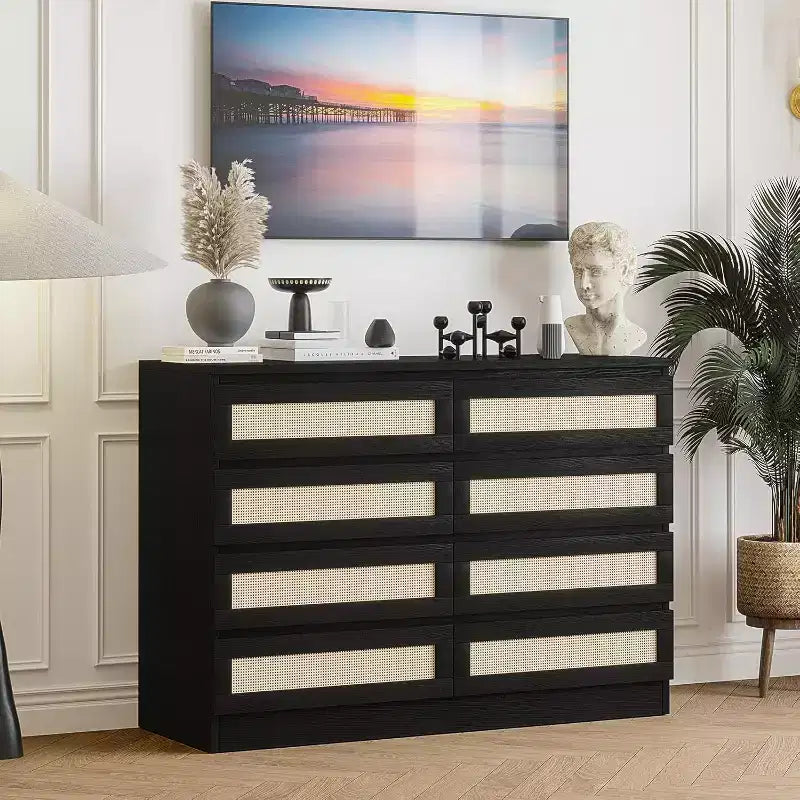 Comò a 8 cassetti, comò doppio in rattan moderno, cassettiera in legno per camera da letto, mobile porta TV, mobile d'accento