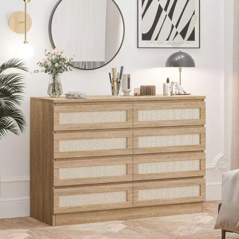 Comò a 8 cassetti, comò doppio in rattan moderno, cassettiera in legno per camera da letto, mobile porta TV, mobile d'accento