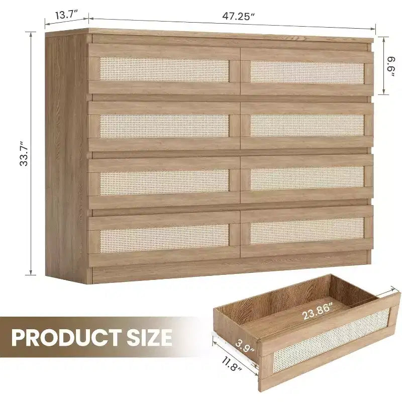 Comò a 8 cassetti, comò doppio in rattan moderno, cassettiera in legno per camera da letto, mobile porta TV, mobile d'accento