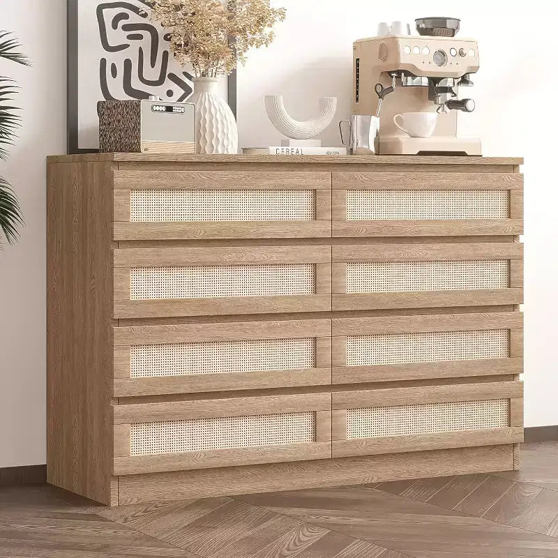 Comò a 8 cassetti, comò doppio in rattan moderno, cassettiera in legno per camera da letto, mobile porta TV, mobile d'accento