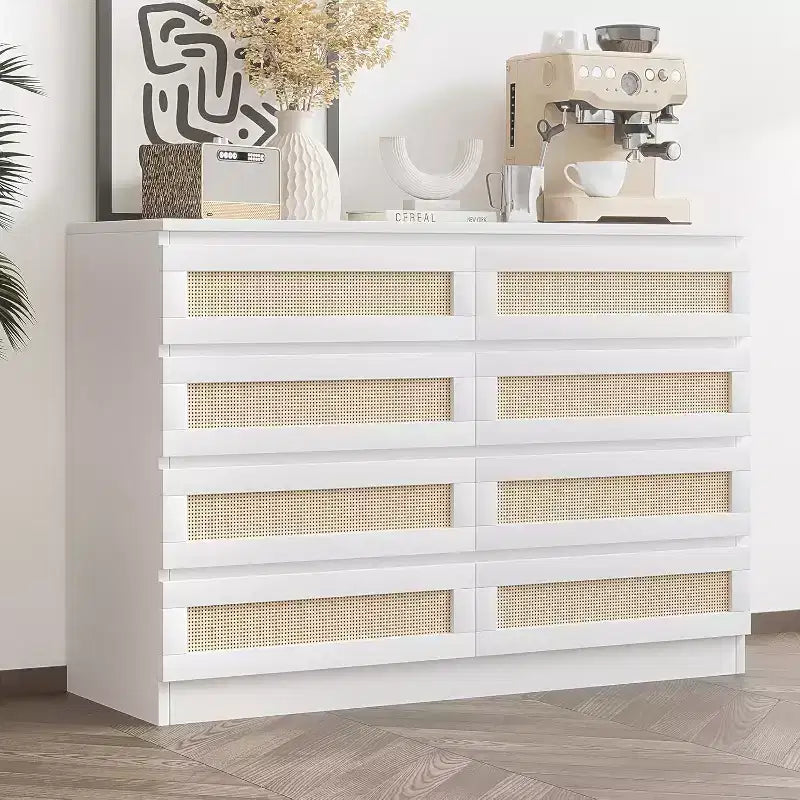 Comò a 8 cassetti, comò doppio in rattan moderno, cassettiera in legno per camera da letto, mobile porta TV, mobile d'accento
