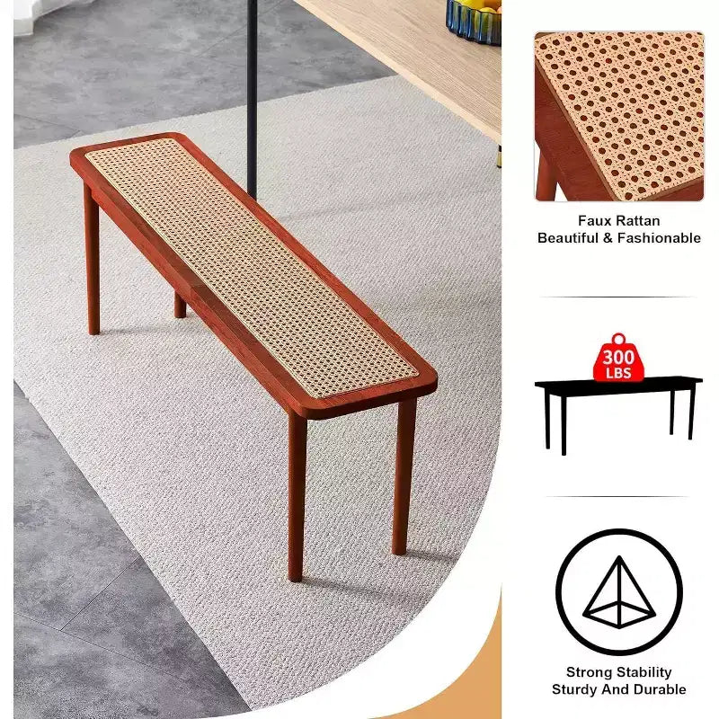 Panca da ingresso Acekool 47 in legno massiccio con superficie in rattan, angoli arrotondati, struttura robusta per soggiorno, camera da letto, corridoio, finitura noce