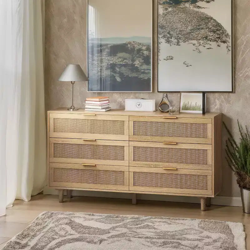 Okak Armadietto portaoggetti in rattan a 6 cassetti, design moderno naturale 51,18", carico superiore 50 libbre e 20 libbre per cassetto, ideale per camera da letto e soggiorno