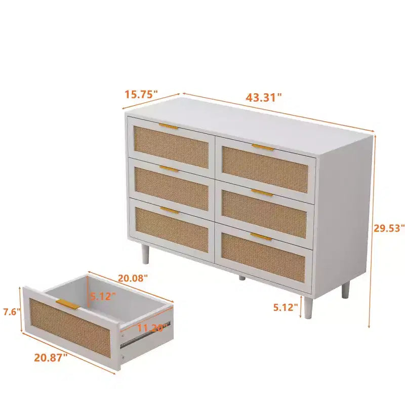 Okak Armadietto portaoggetti in rattan a 6 cassetti, design moderno naturale 51,18", carico superiore 50 libbre e 20 libbre per cassetto, ideale per camera da letto e soggiorno
