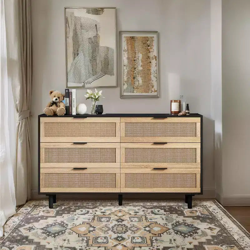 Okak Armadietto portaoggetti in rattan a 6 cassetti, design moderno naturale 51,18", carico superiore 50 libbre e 20 libbre per cassetto, ideale per camera da letto e soggiorno