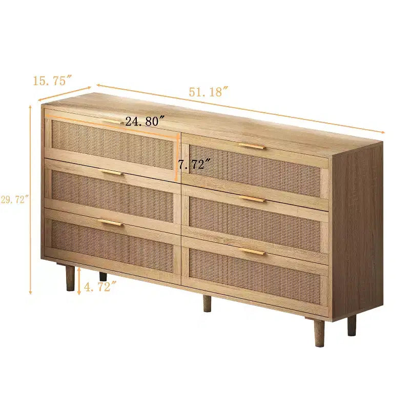 Okak Armadietto portaoggetti in rattan a 6 cassetti, design moderno naturale 51,18", carico superiore 50 libbre e 20 libbre per cassetto, ideale per camera da letto e soggiorno