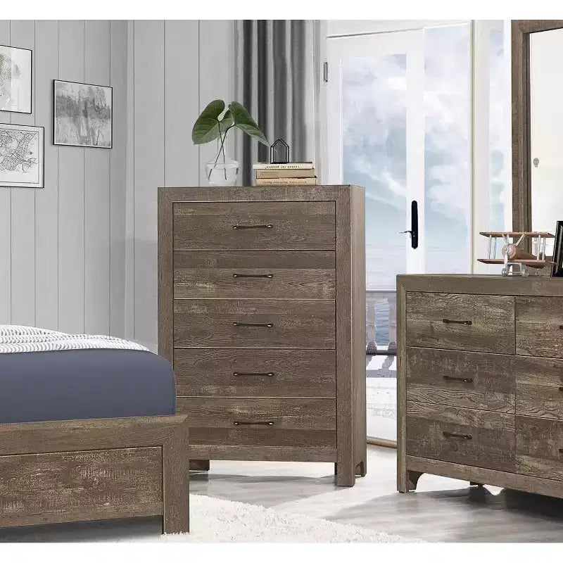 Comodino Okak in Stile Rustico con 2/5 cassetti e Ferramenta in Metallo Nero, Cassettiera in Legno per Camera da Letto