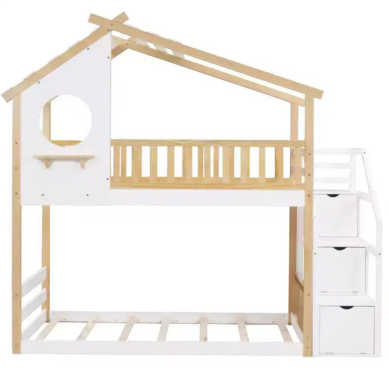 Letto a castello Twin-Over-Twin, Letto a capanna, Contenitore e Sponda di sicurezza, Letto naturale + Scala bianca