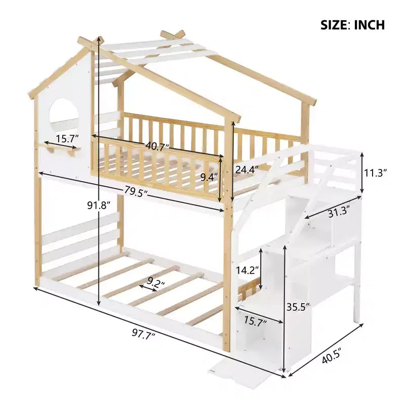 Letto a castello Twin-Over-Twin, Letto a capanna, Contenitore e Sponda di sicurezza, Letto naturale + Scala bianca