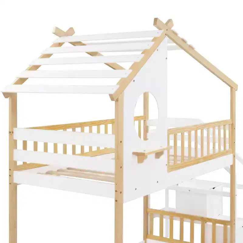 Letto a castello Twin-Over-Twin, Letto a capanna, Contenitore e Sponda di sicurezza, Letto naturale + Scala bianca