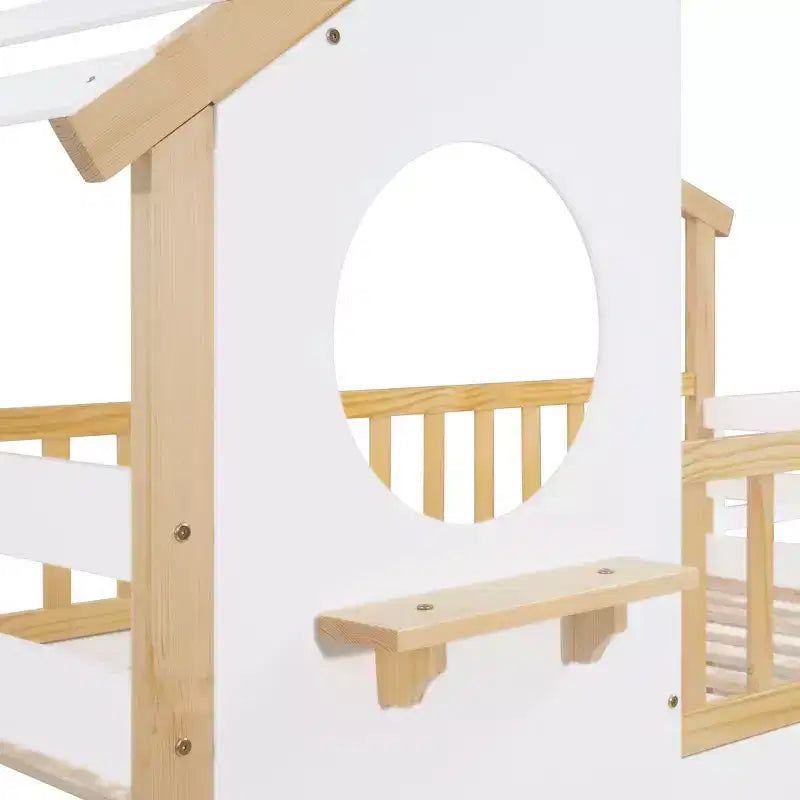 Letto a castello Twin-Over-Twin, Letto a capanna, Contenitore e Sponda di sicurezza, Letto naturale + Scala bianca