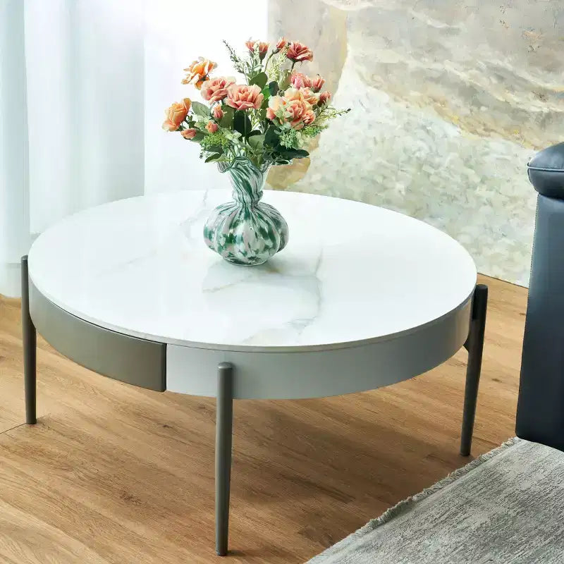 Tavolino da Caffè Rotondo Baldwin Modern 32 in Ceramica con Cassetti e Gambe in Metallo