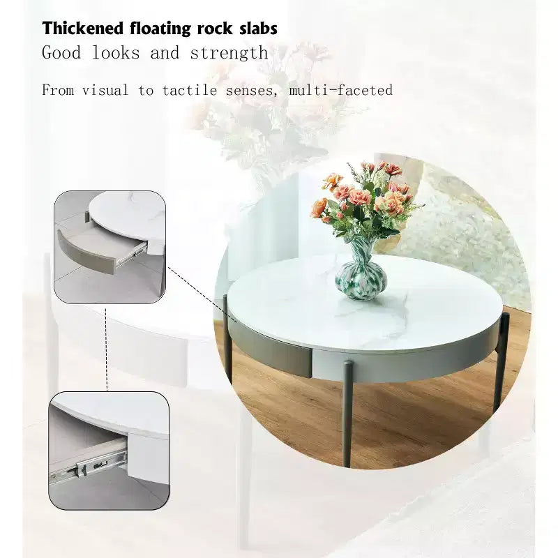 Tavolino da Caffè Rotondo Baldwin Modern 32 in Ceramica con Cassetti e Gambe in Metallo