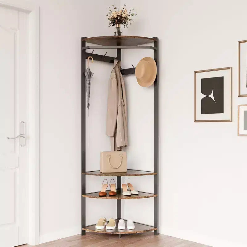 Appendiabiti ad angolo con scarpiera per ingresso - Attaccapanni con 6 doppi ganci, Stand appendiabiti con contenitore, Mensola organizer per corridoio, armadio