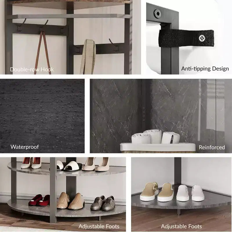 Appendiabiti ad angolo con scarpiera per ingresso - Attaccapanni con 6 doppi ganci, Stand appendiabiti con contenitore, Mensola organizer per corridoio, armadio